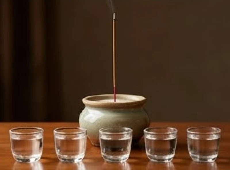 Cách bài trí bàn thờ Thần Tài cho tuổi Thìn: Tọa độ chuẩn 10 Một nén nhang đang cháy trên bàn thờ Thần Tài cùng năm chén nước được thay mới