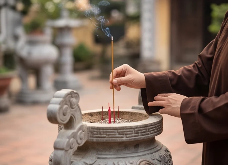 Văn khấn tại miếu: Hướng dẫn sắm lễ, bài trí và bài khấn chuẩn 6 Tín chủ chắp tay vái lạy và cắm nén nhang đầu tiên tại ban Thổ Địa ngoài sân