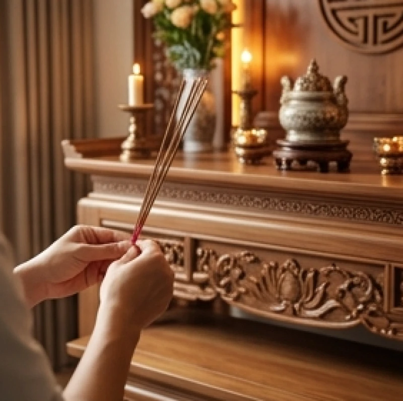 Hướng bàn thờ hợp tuổi Thân: Bảng tra Nam Nữ & kích thước chuẩn 4 Gia chủ đang thành kính thắp nhang trên bàn thờ gia tiên được đặt theo đúng hướng vượng khí của bản mệnh