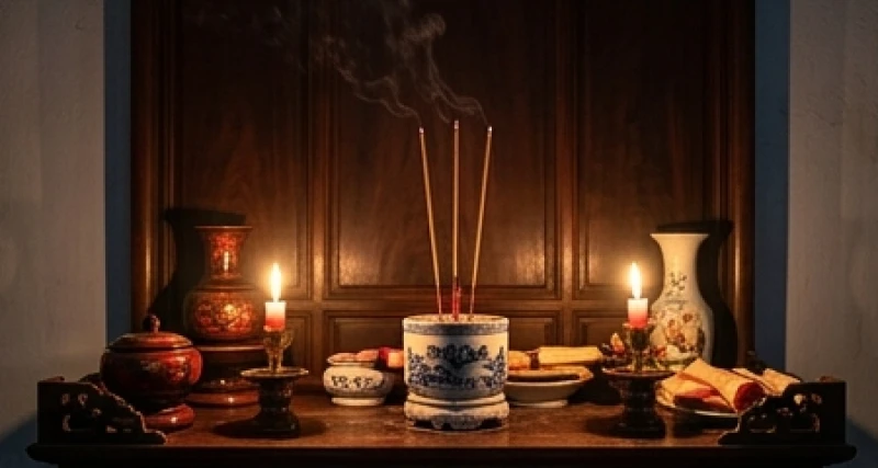 Ba nén hương đang cháy sáng trên bàn thờ gia tiên uy nghi tĩnh lặng trong không gian mờ ảo của buổi tối