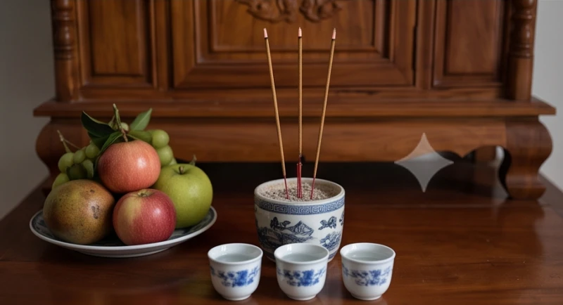Ba nén hương đang cháy tĩnh lặng trên bát hương cùng đĩa trái cây tươi và ba chén nước sạch