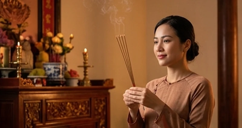 Người phụ nữ với tâm thế trang nghiêm chắp tay dâng nén nhang thơm lên bàn thờ gia tiên truyền thống.