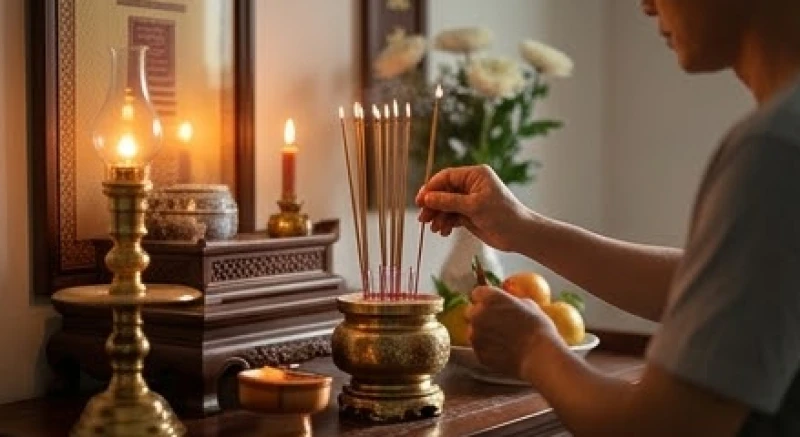 Mơ thấy bố đã mất hiện về: Giải mã điềm báo và nghi thức cúng 1 Người con đang thành kính thắp nhang trên bàn thờ gia tiên trong không gian tĩnh lặng