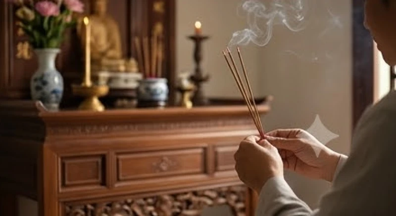 Đôi bàn tay thành kính thắp nén nhang trầm trên ban thờ gia tiên để bày tỏ lòng biết ơn
