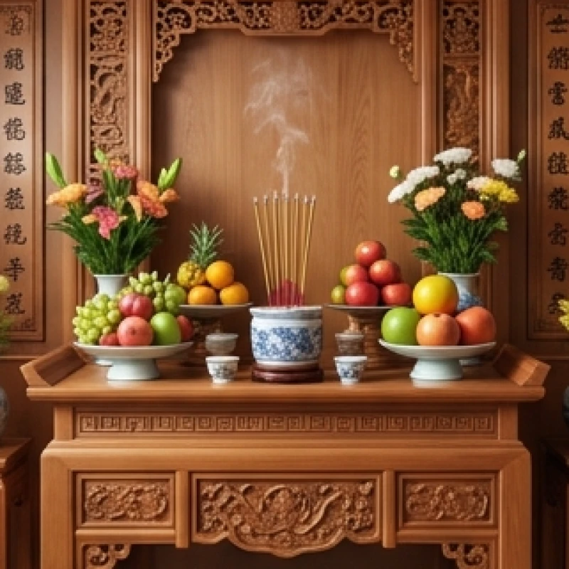 Bàn thờ gia tiên truyền thống được dọn dẹp sạch sẽ và thắp nhang trầm ấm cúng thanh tịnh