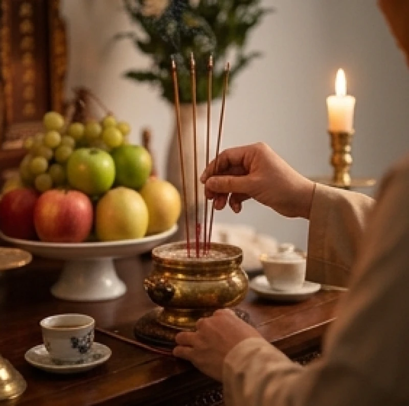 Gia chủ cẩn thận thắp nhang và chuẩn bị tấu trình lời khấn trước ban thờ trong một không gian tâm linh thành kính