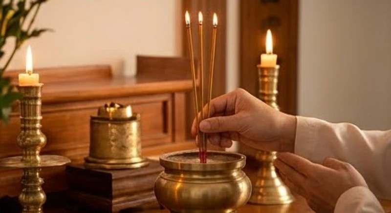 Văn khấn ngày rằm hàng tháng: Mâm lễ, bài cúng và quy trình chuẩn 5 Đôi bàn tay thành kính dâng ba nén hương lên bát hương trên ban thờ tổ tiên
