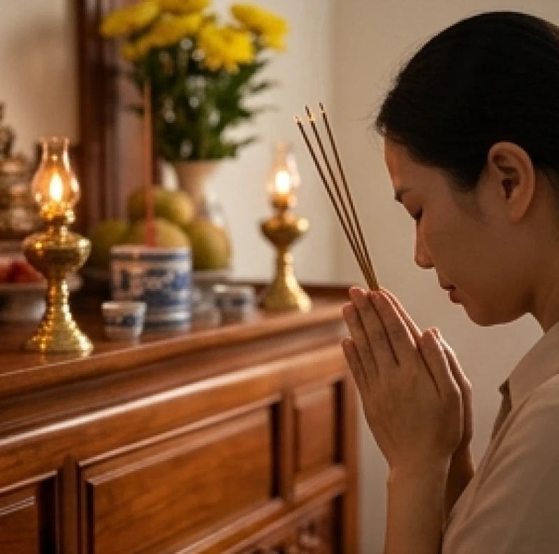 Văn khấn Thổ Công mùng 1: Bài cúng chuẩn & nghi thức hạ lễ 1 Gia chủ thành tâm chắp tay vái lạy và thắp hương trên bàn thờ tổ tiên cùng Thổ Công