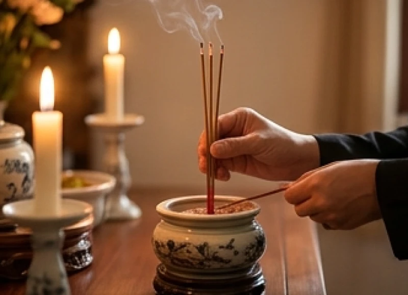 Văn khấn giỗ hết mẹ chuẩn nghi thức: Bài cúng Hiển Tỷ và xả tang 6 Đôi bàn tay kính cẩn dâng những nén hương trầm đang cháy đỏ lên bát hương trên bàn thờ gia tiên.