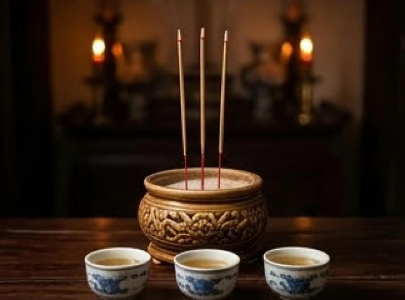 Ba nén nhang đỏ được thắp sáng trên bát hương gia tiên cùng chén trà mạn trong lễ cúng Đại Tường