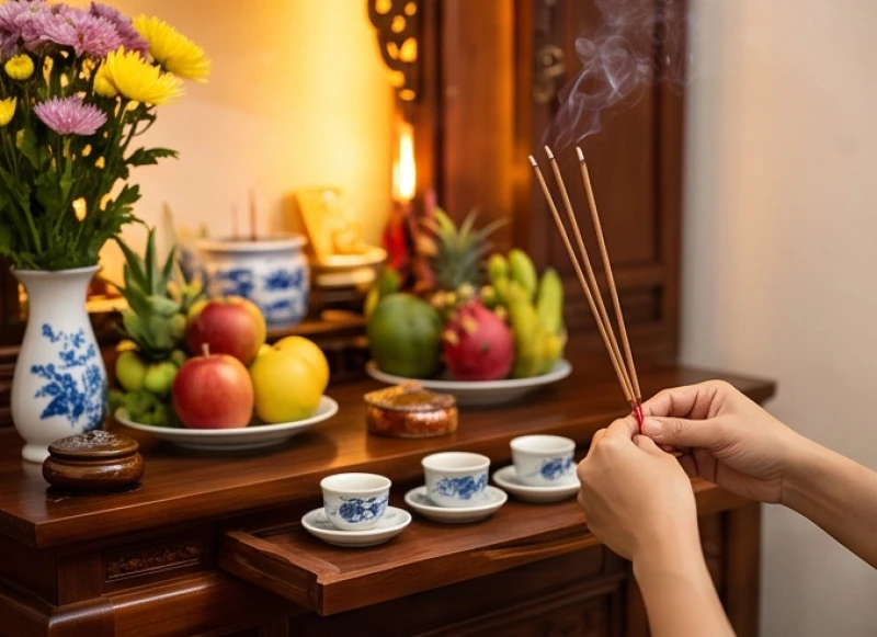 Gia chủ thành tâm thắp hương và dâng trà quả lên bàn thờ tổ tiên tại nhà