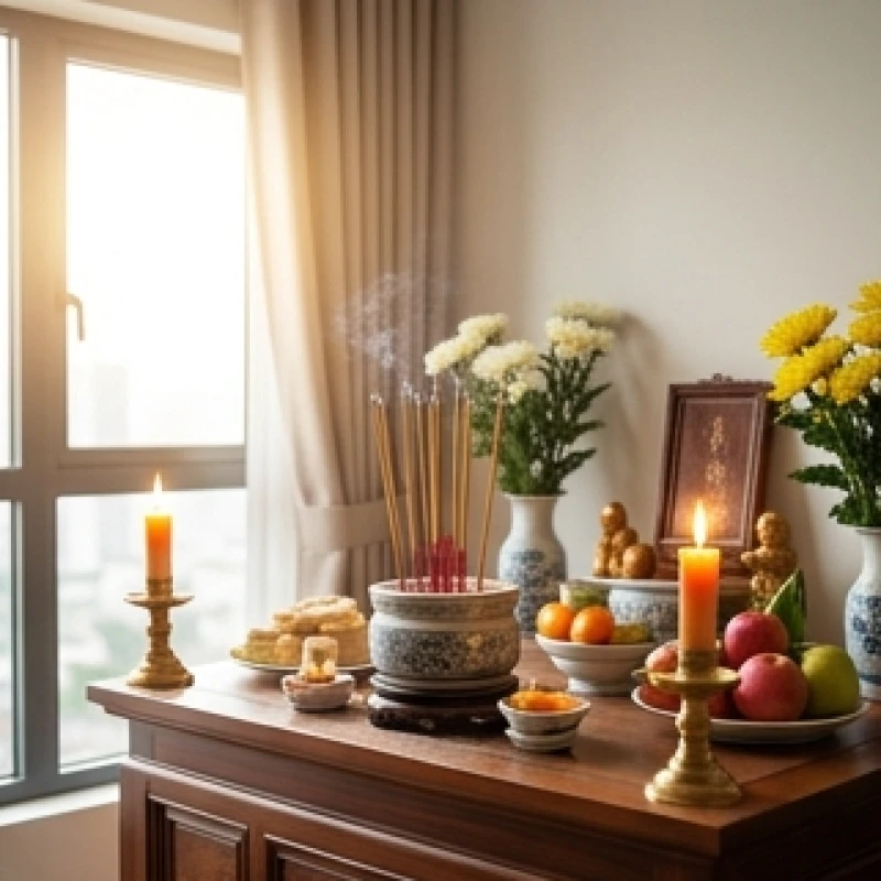Bàn thờ gia tiên được dọn dẹp sạch sẽ và thắp nhang trang nghiêm để chuẩn bị làm lễ cúng Táo quân