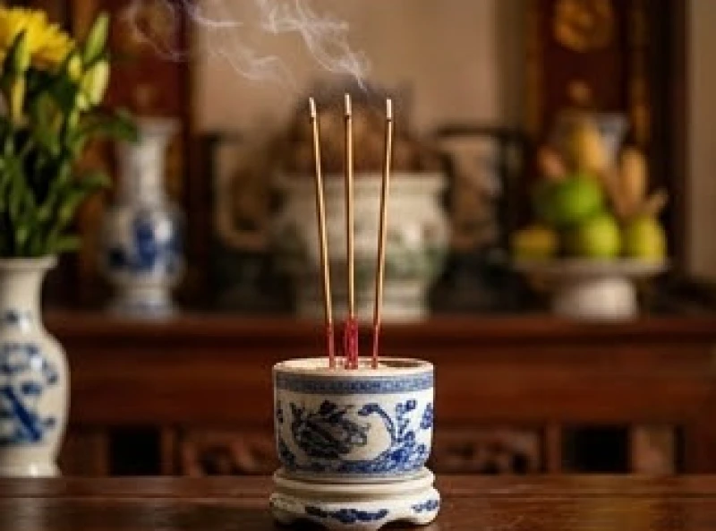 Bát hương trên bàn thờ gia tiên với ba nén nhang đang cháy dở tỏa khói nhẹ