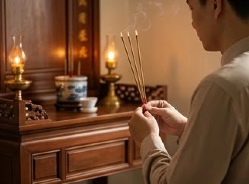 Văn khấn Tết Đoan Ngọ mùng 5 tháng 5: Bài cúng chuẩn nghi lễ 2 Gia chủ mặc áo lụa trang trọng đang châm nén hương tại không gian ban thờ gia tiên
