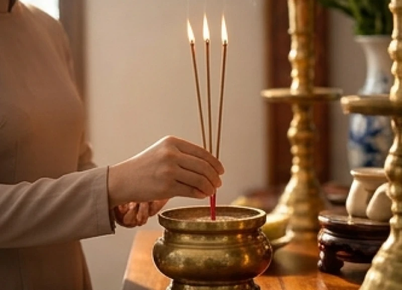 Gia chủ trang nghiêm dùng hai tay cắm ba nén hương thẳng đứng vào bát nhang trên bàn thờ để bắt đầu nghi thức cúng lễ