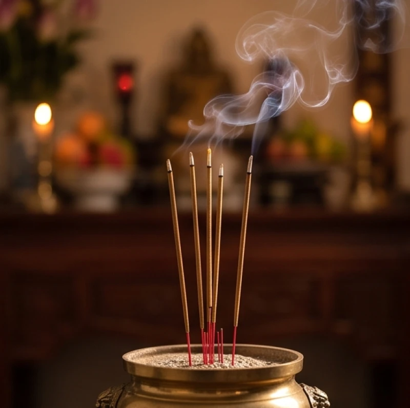 Văn khấn rằm tháng 7: Trình tự cúng bài bản và đúng nghi thức 6 Nén nhang đang cháy rực với làn khói mỏng manh bay lên từ lư hương trên bàn thờ gia tiên