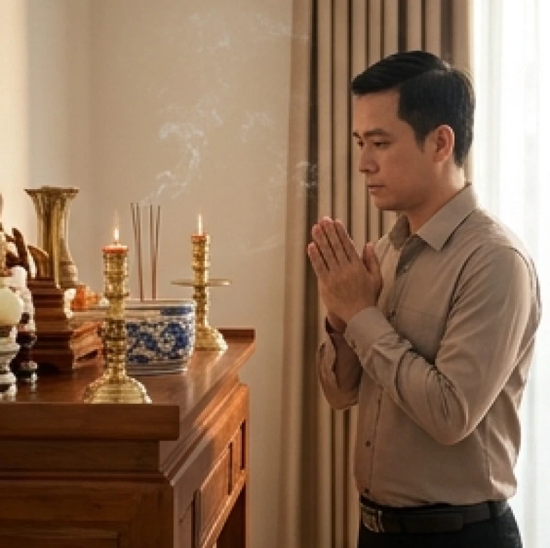Gia chủ nam mặc trang phục chỉnh tề, chắp tay thành kính đọc văn khấn an vị trước bàn thờ gia tiên nghi ngút khói