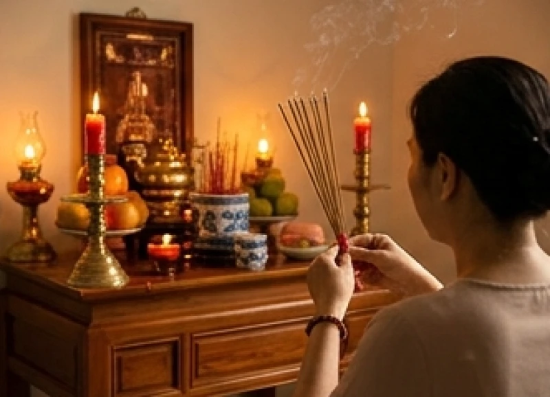Gia chủ chắp tay thành kính thắp nén nhang báo cáo gia tiên trước khi thực hiện lễ cúng đầy tháng