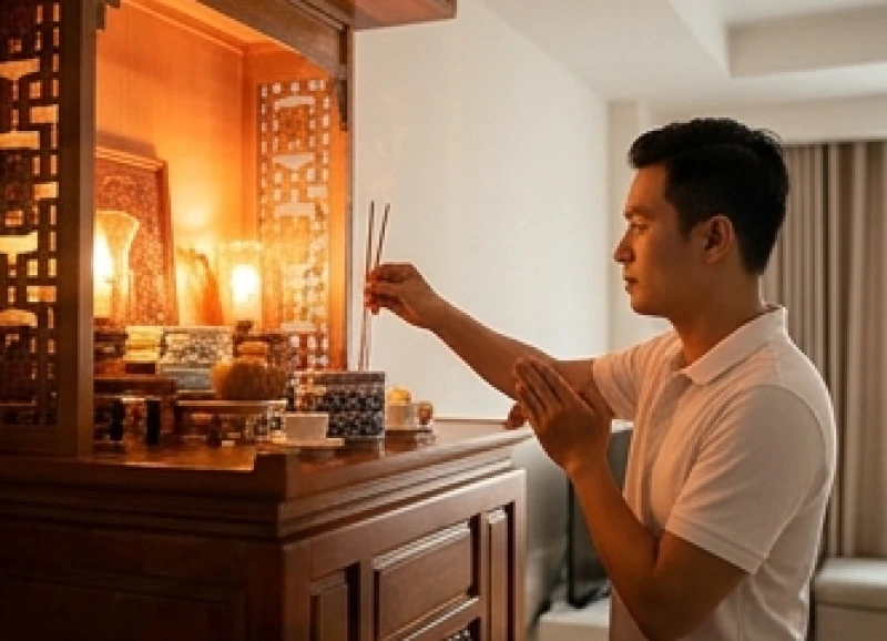 Người cha thắp hương trang nghiêm tại bàn thờ gia tiên để làm lễ báo cáo tin vui về thành viên mới trong gia đình