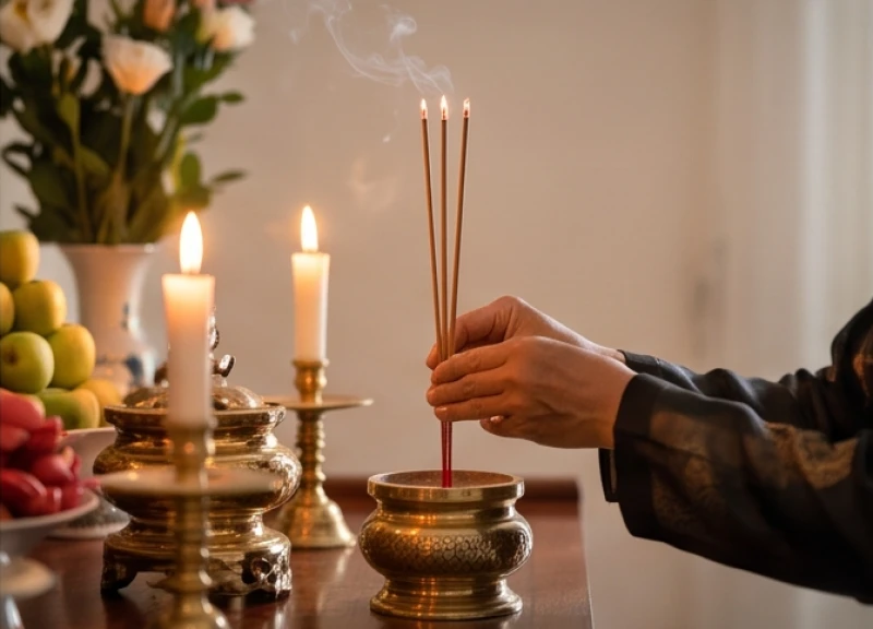 Đại diện gia đình thắp 3 nén hương cẩn trọng cắm thẳng vào trung tâm bát hương trên ban thờ