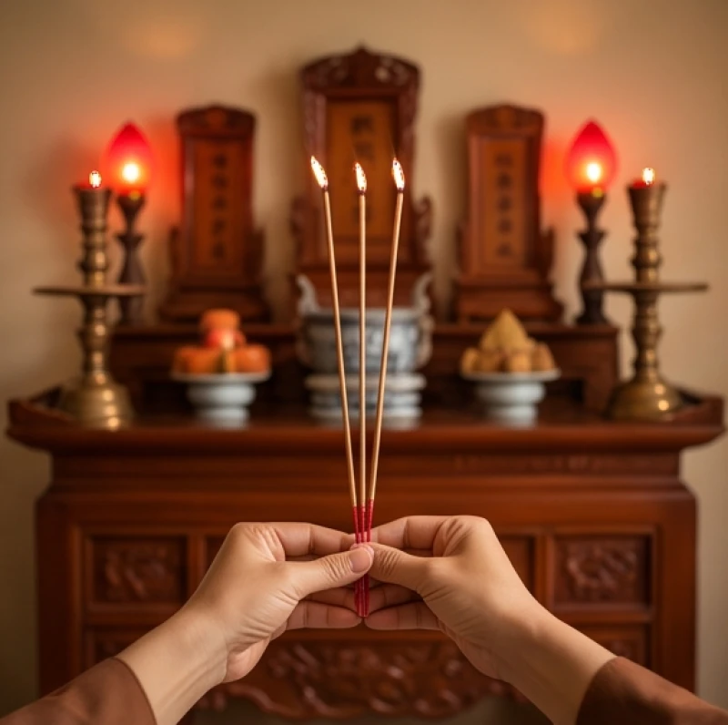 Người hành lễ thắp hương ban thờ gia tiên để xin phép trước khi xuất hành đi lễ