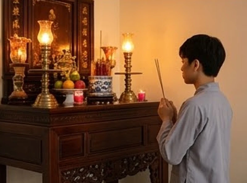 Người trẻ tuổi đứng trang nghiêm thắp nén nhang trầm báo cáo tổ tiên tại ban thờ gia đình dịp cuối tuần