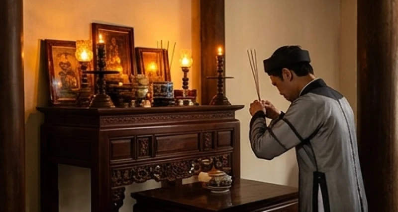 Tín chủ mặc áo quần chỉnh tề thành kính thắp hương vái lạy trước ban thờ gia tiên để xin phép xuất hành làm việc làng