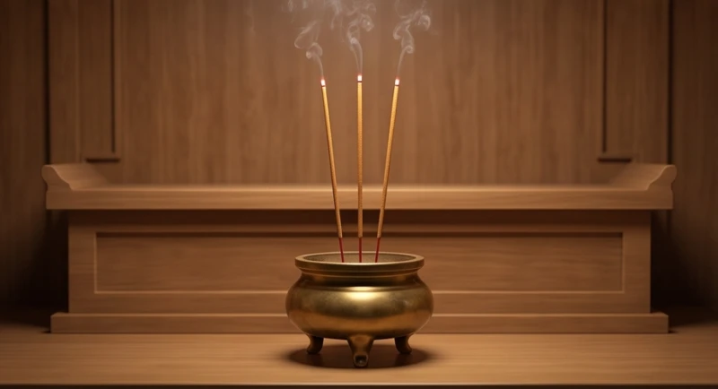 Ba nén nhang cháy sáng rực rỡ trên bàn thờ gia tiên ấm cúng thanh tịnh nghi ngút khói