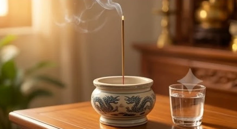 Một nén nhang cháy sáng và chén nước tinh khiết dâng lên ban thờ trong chu kỳ một trăm ngày đầu tiên