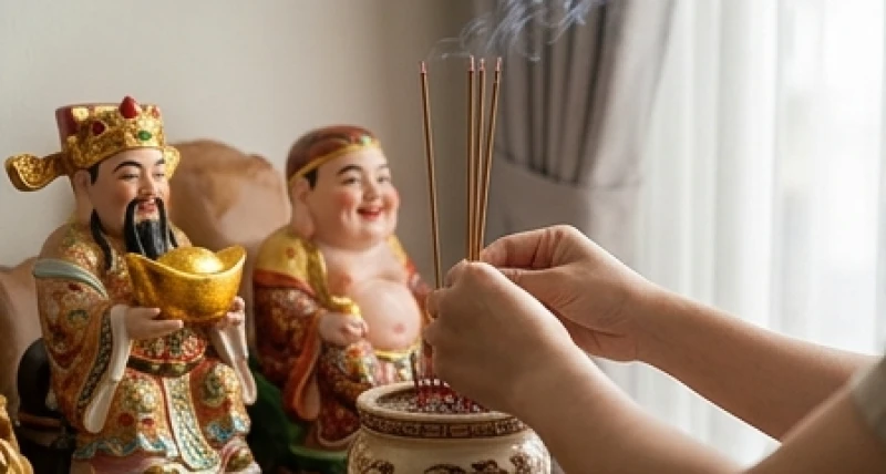 Đôi bàn tay thành kính dâng nén nhang cháy đỏ lên bát hương trước tượng hai vị thần linh hộ mệnh
