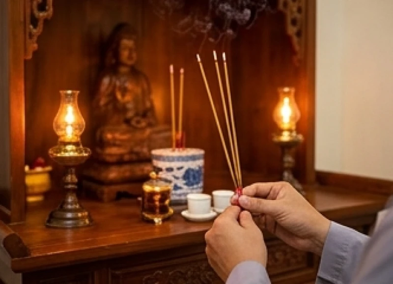 Văn khấn lễ Vu Lan cầu siêu: Bài cúng chuẩn và giờ hoàng đạo 7 Đôi bàn tay thành kính thắp 3 nén nhang dâng lên ban thờ Phật trang nghiêm