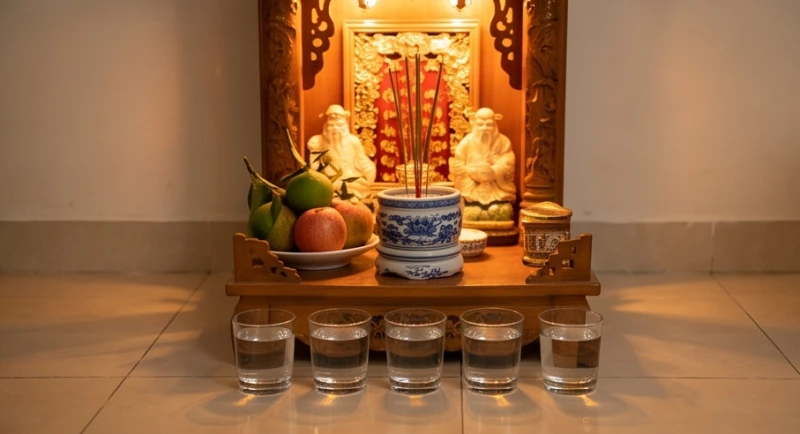 Ban thờ Thần Tài Thổ Địa được dâng những chén nước sạch tươi mới và hương thơm vào buổi sáng sớm