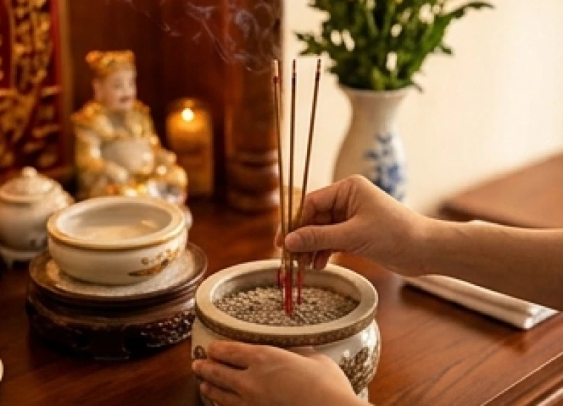 Văn khấn cầu tài lộc tại cửa hàng: Trình tự cúng và mâm lễ chuẩn 6 Bàn tay chủ cửa hàng đang cẩn thận cắm ba nén nhang đang cháy đỏ vào bát hương trên bàn thờ Thần Tài Thổ Địa