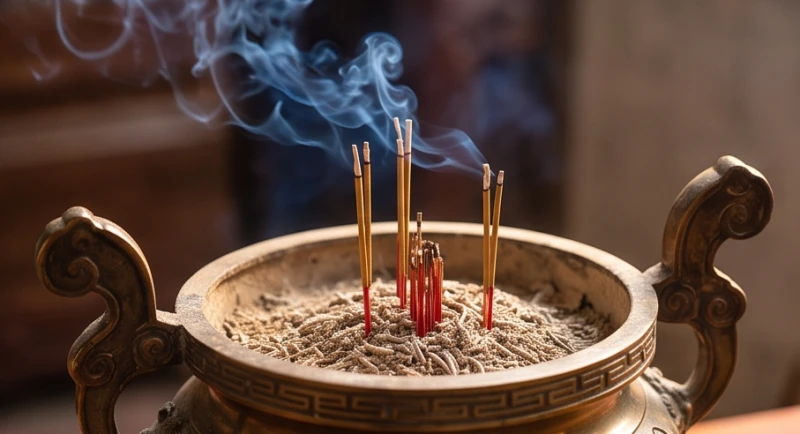Nén hương trầm cháy rực rỡ được cắm ngay ngắn trên chiếc lư đồng uy nghi