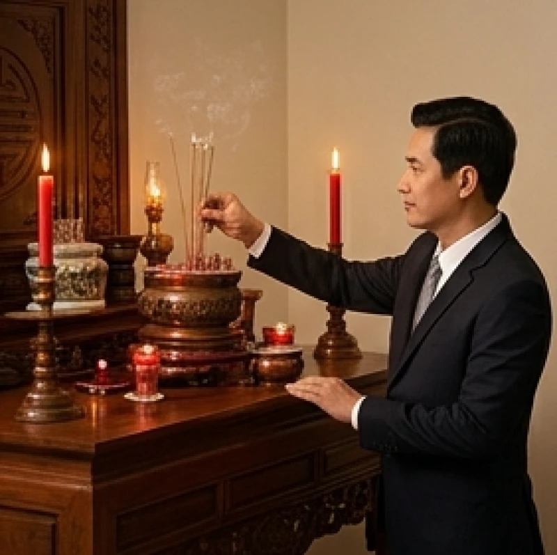 Văn khấn ngày trước giỗ: Bài cúng Tiên thường & quy tắc bày mâm 7 Người đàn ông mặc trang phục chỉnh tề thắp hương và lạy tạ trước bát nhang Thổ công đặt ở vị trí cao nhất trên ban thờ.