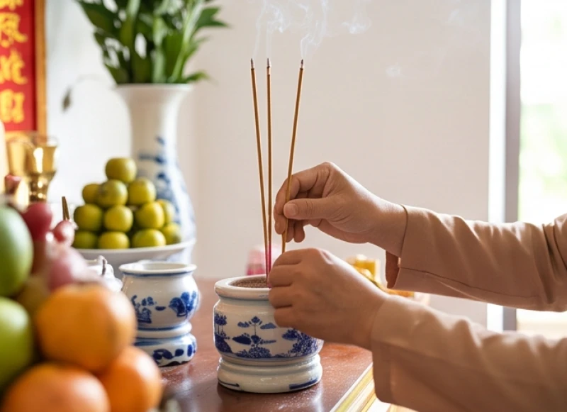 Gia chủ thắp nhang và đọc bài văn khấn thỉnh Thổ công Thần tài trong ngày lễ Thanh Minh