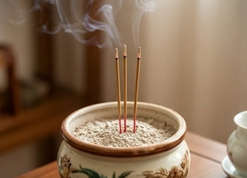 Ba nén hương vòng đang cháy tỏa khói nhẹ nhàng trên bát hương bát tràng tại gia đình