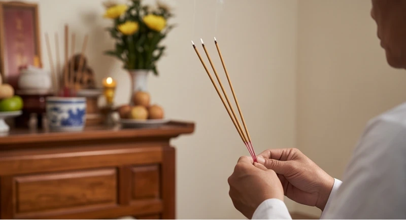 Văn khấn nhập quan: Bài cúng chuẩn truyền thống & sắm mâm lễ 2 Chủ lễ chắp tay vái lạy thắp hương trên bàn thờ trước khi xướng đọc văn khấn nhập quan