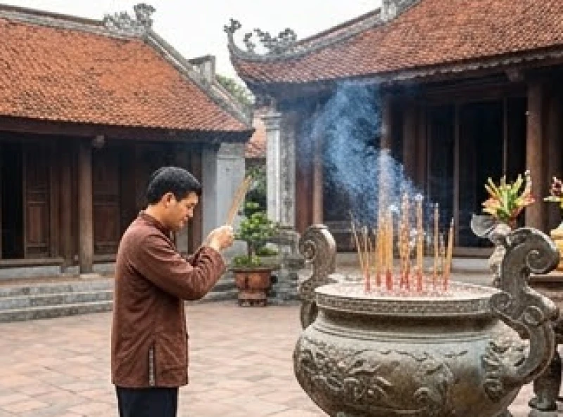 Văn khấn Đền Đông Cuông: Trình tự dâng lễ và bài cúng từng ban 8 Một tín chủ đang thành tâm thắp nén nhang báo cáo tại ban thờ phía trước sân đền