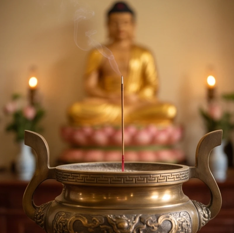 Một nén hương duy nhất được cắm ngay ngắn vào bát nhang lớn bằng đồng trước hương án ban Tam Bảo