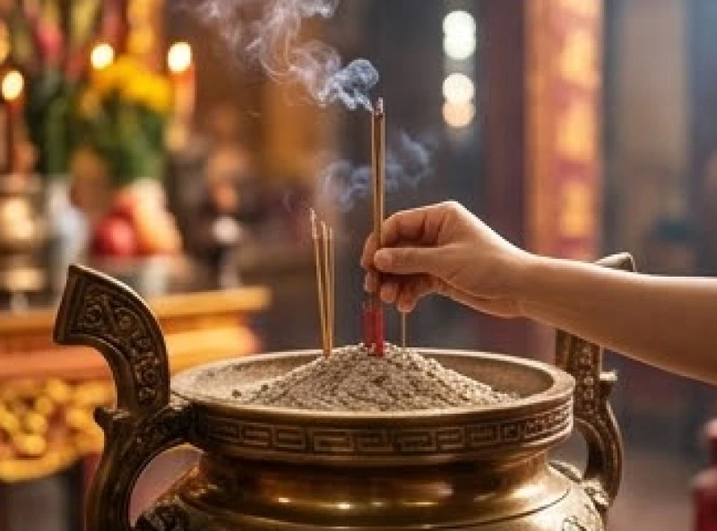 Người đi lễ dùng hai tay cắm nhẹ nén nhang vào lư đồng lớn trước sân đền sau khi vái tạ