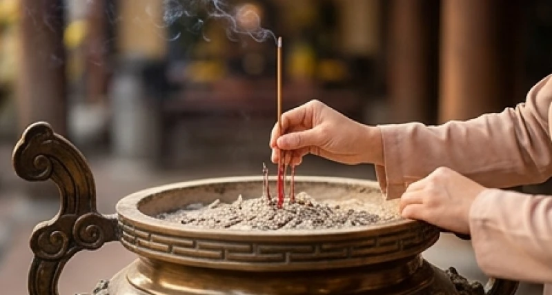 Văn khấn xin lộc Mẫu Sòng Sơn: Bài khấn chuẩn, đúng nghi thức 7 Bàn tay tín chủ nhẹ nhàng cắm nén hương thẳng đứng vào bát nhang lớn tại ban Công Đồng đền Sòng Sơn