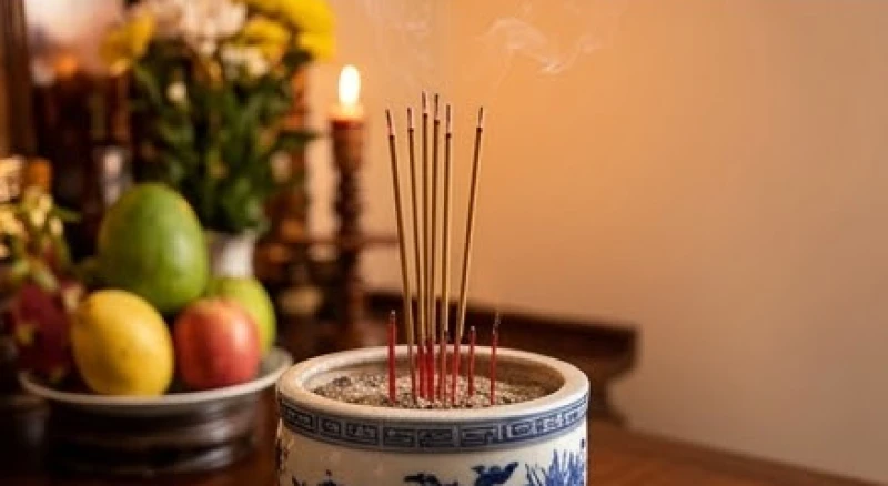Những nén hương đang cháy dở tỏa khói mờ ảo trên bát nhang bằng gốm sứ đặt trang trọng giữa án gian