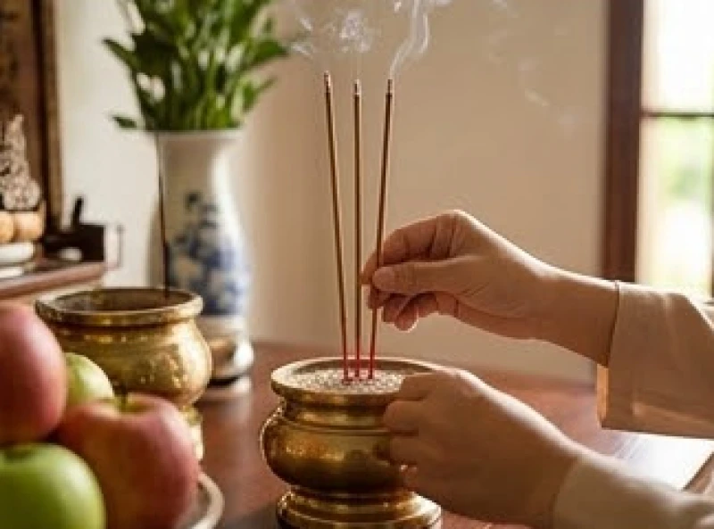 Gia chủ dùng hai tay cắm thẳng ba nén hương vào bát nhang Thần linh để xin phép trước khi cúng giỗ