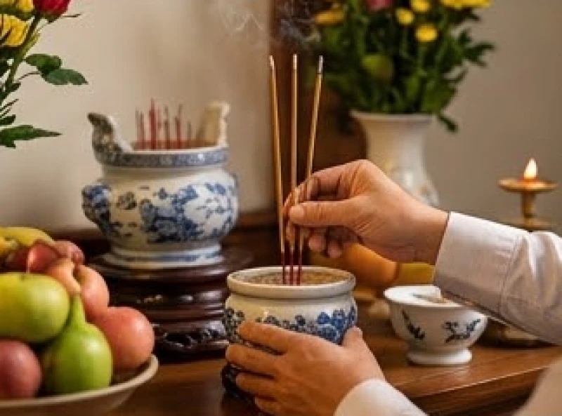Gia chủ thắp hương tại bát nhang chính giữa cao nhất để xin phép chư vị Thần linh trước khi cúng giỗ