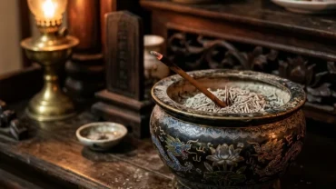 Hình ảnh cận cảnh bát hương trên bàn thờ truyền thống Việt Nam gợi lên thắc mắc thắp hương bị tắt điềm báo gì