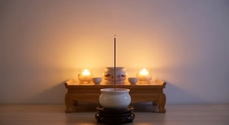 Không gian thờ cúng tĩnh lặng và ấm áp vào buổi xế chiều với khói nhang mỏng tỏa ra từ bàn thờ