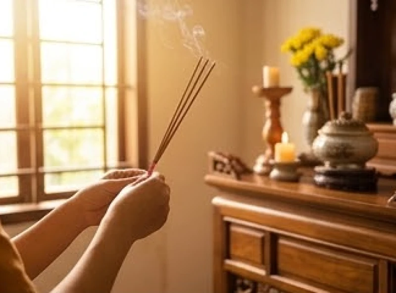 Bàn tay gia chủ thắp những nén nhang đầu tiên vào khung giờ buổi sáng rực rỡ nắng ấm