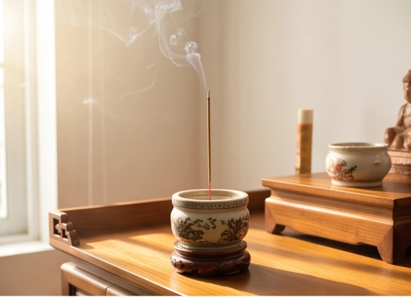 Văn khấn mùng 1 hàng tháng: Bài cúng chuẩn và trình tự chi tiết 2 Khung cảnh ban thờ gia tiên thanh tịnh đón ánh nắng nhẹ buổi sáng sớm trong nghi thức dâng hương
