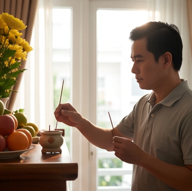 Người đàn ông thắp hương trên ban thờ gia tiên vào buổi sáng sớm đón sinh khí